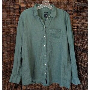Gap 100% Linen Button Up Long Sleeve Shirt Women's Medium Green Top Lagenlook